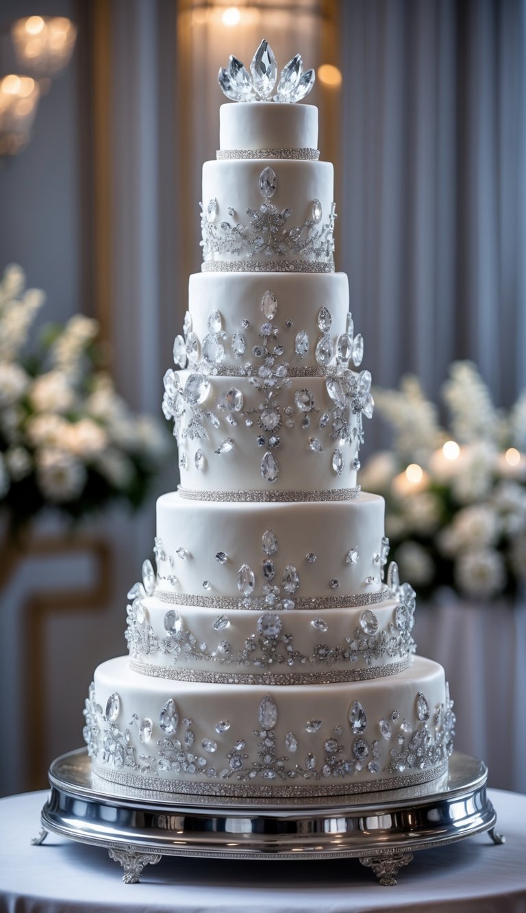 A multi-tiered white wedding cake decorated with sparkling crystal accents on a silver stand.